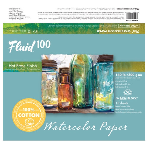 Fluid 100 Watercolor Paper Blocks - 140lb Hot Press 6"x 8" - 15 Sheet Block