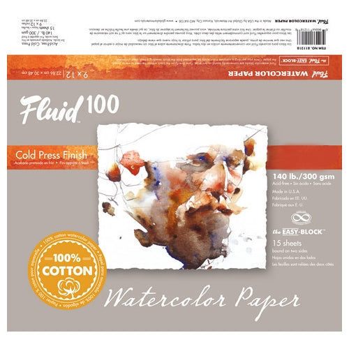 Fluid 100 Watercolor Paper Blocks - 140lb Cold Press 6"x8" - 15 Sheet Block