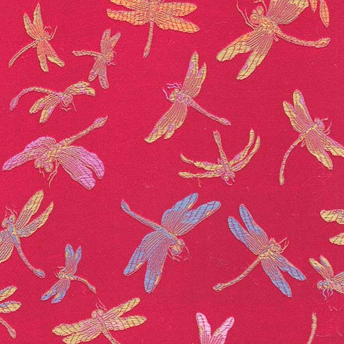 Chinese Brocade Paper- Rainbow Dragonfly on Red 26x16.75" Sheet Chinese Brocade Paper- Rainbow Dragonfly on Red 26x16.75" Sheet