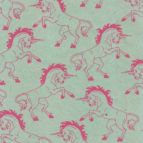 Unicorn Printed Lokta Paper Unicorn Printed Lokta Paper- Pink on Mint Green 20x30" Sheet