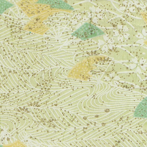 Japanese Chiyogami Paper- White Waves and Flowers With Fans & Gold on Green Japanese Chiyogami Paper- White Waves and Flowers With Fans & Gold on Green