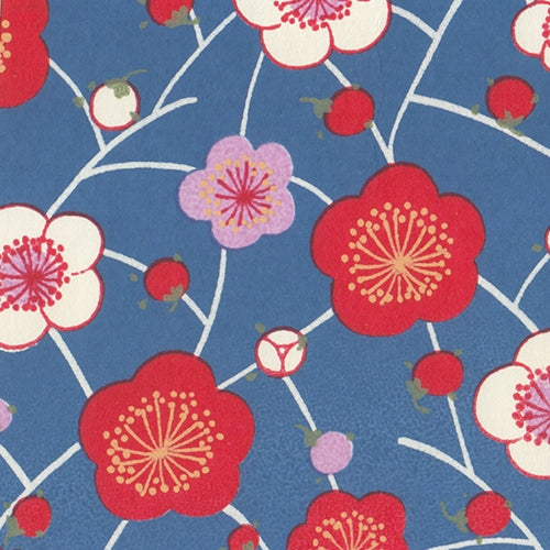 Japanese Chiyogami Paper- Red, White, and Pink Cherry Blossoms On Blue Japanese Chiyogami Paper- Red, White, and Pink Cherry Blossoms On Blue