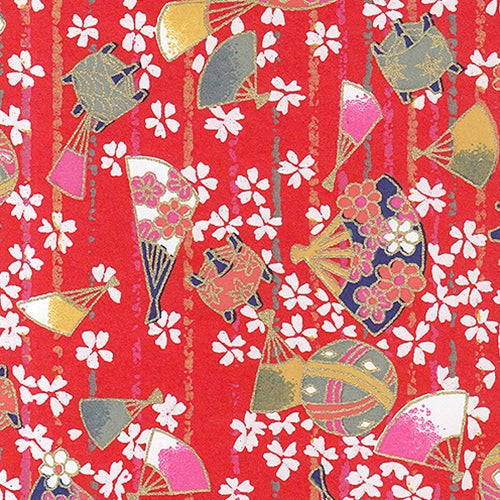 Japanese Chiyogami Paper- Fans, Blossoms, & Decorations on Red 19"x25" Sheet Japanese Chiyogami Paper- Fans, Blossoms, & Decorations on Red 19"x25" Sheet