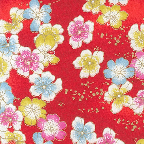 Japanese Chiyogami Paper- Pastel Tea Roses on Red 19"x25" Sheet Japanese Chiyogami Paper- Pastel Tea Roses on Red 19"x25" Sheet