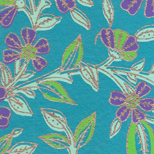 Printed Cotton Paper from India- Purple, Green, & Gold Floral on Turquoise 22x30 Inch Sheet Printed Cotton Paper from India- Purple, Green, & Gold Floral on Turquoise 22x30 Inch Sheet