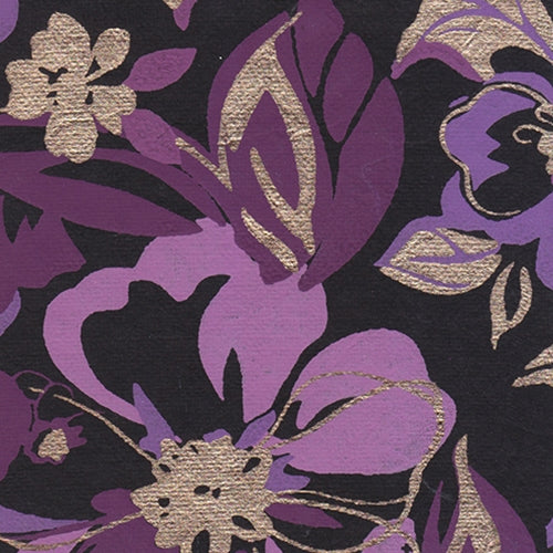 Printed Cotton Paper from India- Purple, Lavender, and Gold Floral on Black 22x30 Inch Sheet Printed Cotton Paper from India- Purple, Lavender, and Gold Floral on Black 22x30 Inch Sheet