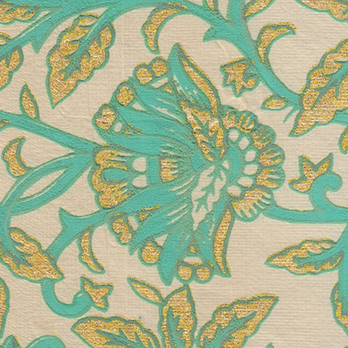 Printed Cotton Paper from India- Blue & Gold Floral on Cream 22x30 Inch Sheet Printed Cotton Paper from India- Blue & Gold Floral on Cream 22x30 Inch Sheet