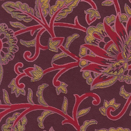 Printed Cotton Paper from India- Red & Gold Floral on Burgundy 22x30 Inch Sheet Printed Cotton Paper from India- Red & Gold Floral on Burgundy 22x30 Inch Sheet