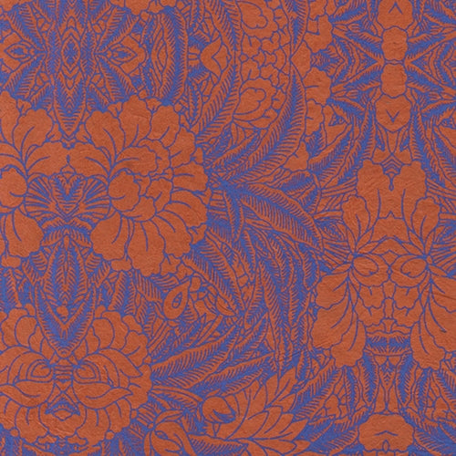 Lamali Rhododendron Printed Lokta Paper Rhododendron Printed Lokta Paper- Paradise Blue on Orange 20x30" Sheet