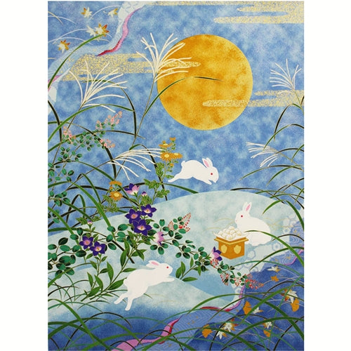 Japanese Sogara Yuzen Full Moon and Rabbits- 18x24" Print Japanese Sogara Yuzen Full Moon and Rabbits- 18x24" Print