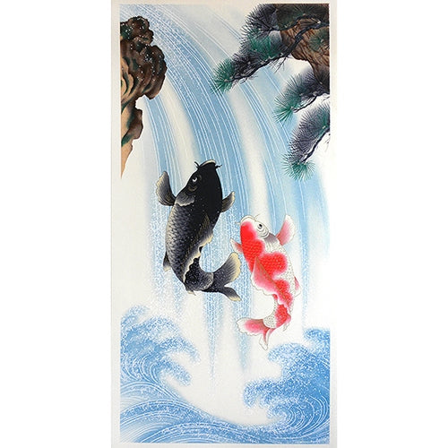 Japanese Sogara Yuzen Carp Swimming Up a Waterfall- 12.5x26" Print Japanese Sogara Yuzen Carp Swimming Up a Waterfall- 12.5x26" Print