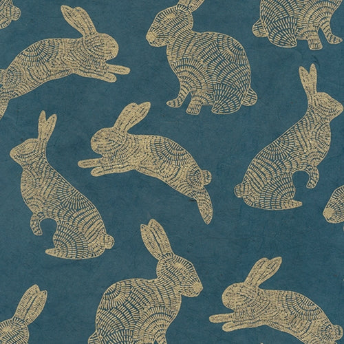 Nepalese Printed Paper- Golden Rabbits  Nepalese Printed Paper- Golden Rabbits on Deep Turquoise 20x30" Sheet