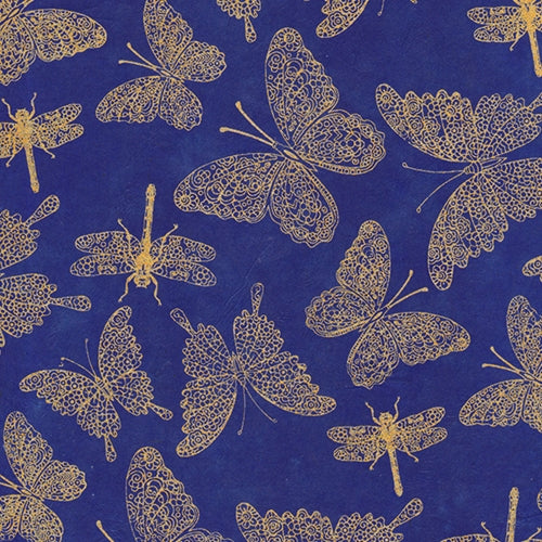 Nepalese Printed Paper- Filagree Butterflies & Dragonflies  Nepalese Printed Paper- Filagree Butterflies & Dragonflies- Gold on Cobalt Paper 20x30" Sheet