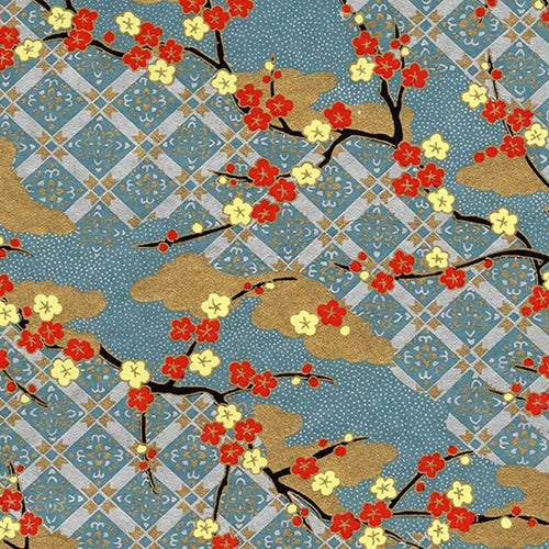 "NEW" Chiyogami- Cherry Blossoms over Lattice Fence on Blue 18"x24" Sheet Chiyogami- Cherry Blossoms over Lattice Fence on Blue 18"x24" Sheet