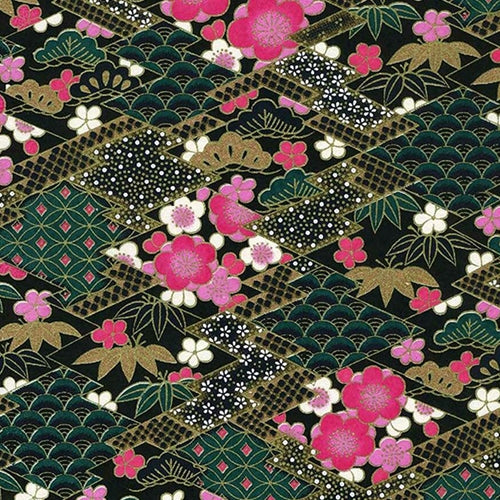 Chiyogami- Pink Cherry Blossoms with Dark Green on Black 18"x24" Sheet Chiyogami- Pink Cherry Blossoms with Dark Green on Black 18"x24" Sheet