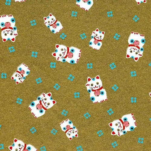 Japanese Chiyogami Paper- Lucky Cat on Metallic Gold 18"x24" Sheet Japanese Chiyogami Paper- Lucky Cat on Metallic Gold 18"x24" Sheet