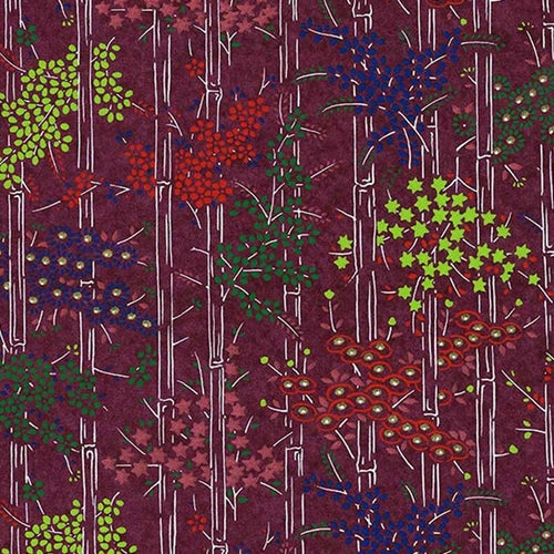 Japanese Chiyogami Paper- Bamboo Stalks with Leaves, Berries, & Flowers on Bordeaux 18"x24" Sheet Japanese Chiyogami Paper- Bamboo Stalks with Leaves, Berries, & Flowers on Bordeaux 18"x24" Sheet