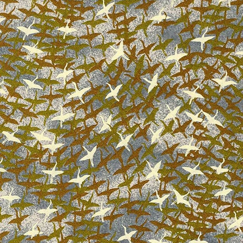 Japanese Chiyogami Paper- Flock of Cranes in Gold and Copper On Silver Clouds 18"x24" Sheet Japanese Chiyogami Paper- Flock of Cranes in Gold and Copper On Silver Clouds 18"x24" Sheet