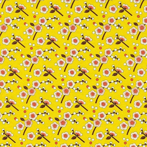 Japanese Chiyogami Paper- Pink Cherry Blossom Branches on Yellow 18"x24" Sheet Japanese Chiyogami Paper- Pink Cherry Blossom Branches on Yellow 18"x24" Sheet