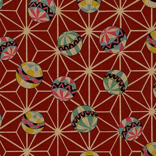 Japanese Chiyogami Paper- Temari Balls on Burgundy 18"x24" Sheet Japanese Chiyogami Paper- Temari Balls on Burgundy 18"x24" Sheet