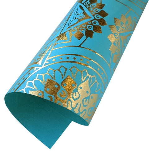 Metallic Foil Printed Paper from India- Gold Foil Medallions on Turquoise Paper Metallic Foil Printed Paper from India- Gold Foil Medallions on Turquoise Paper