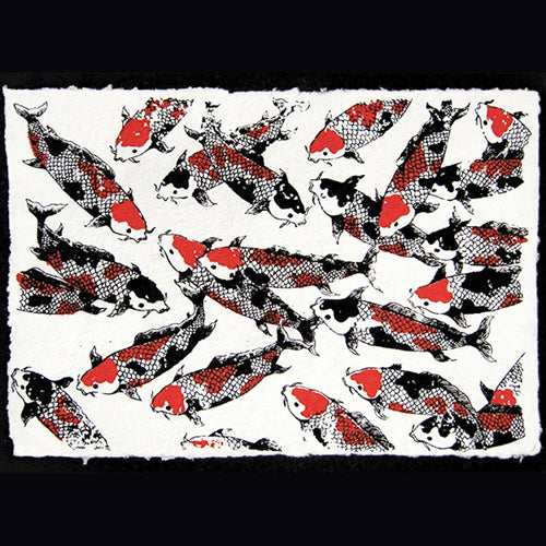 Thai Screenprinted Mulberry Paper- Red/Black Koi Fish on Heavy Natural  Thai Screenprinted Mulberry Paper- Red/Black Koi Fish on Heavy Natural 21x31" Sheet