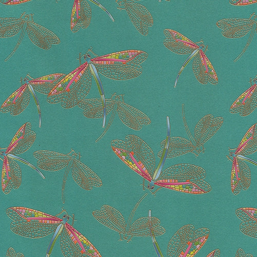 Gold Winged Dragonflies on Aqua- 19.5x27" Sheet Gold Winged Dragonflies on Aqua- 19.5x27" Sheet