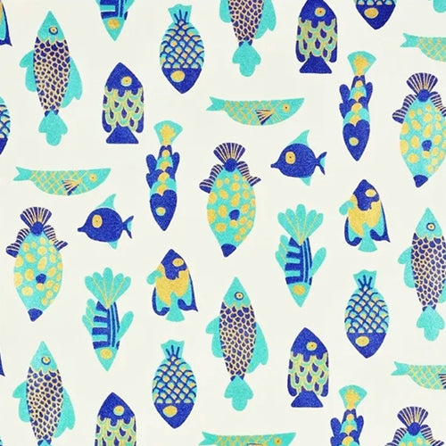 Fish in Metallic Blue, Aqua, and Gold on Cream by Midori Inc. 21x29" Sheet Fish in Metallic Blue, Aqua, and Gold on Cream by Midori Inc. 21x29" Sheet