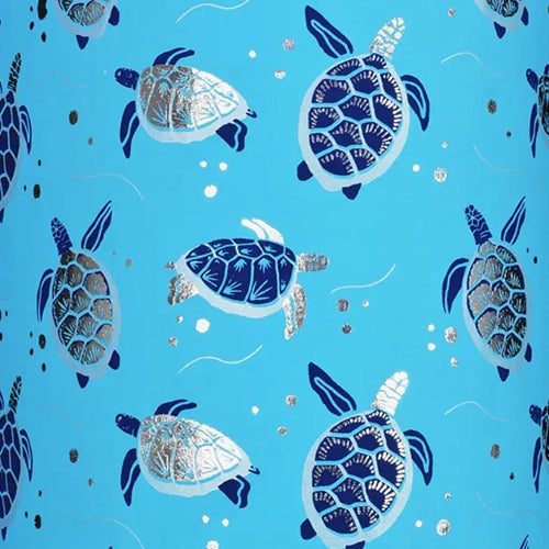 Turtles in Navy Blue, Silver Foil, and White on Turquoise by Midori Inc. 21x29" Sheet Turtles in Navy Blue, Silver Foil, and White on Turquoise by Midori Inc. 21x29" Sheet