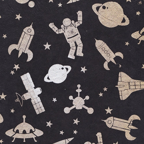 Nepalese Astronauts and Spaceships Lokta Paper- Gold/Silver on Black 20x30" Sheet Nepalese Astronauts and Spaceships Lokta Paper- Gold/Silver on Black 20x30" Sheet