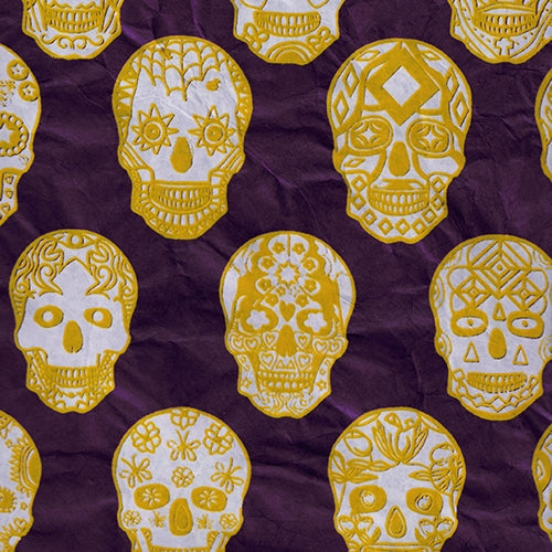 Nepalese Lokta- Yellow and White Sugar Skulls on Purple 20x30" Sheet Nepalese Lokta- Yellow and White Sugar Skulls on Purple 20x30" Sheet