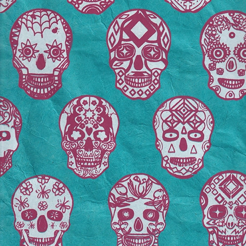 Nepalese Lokta- Pink and White Sugar Skulls on Turquoise 20x30" Sheet Nepalese Lokta- Pink and White Sugar Skulls on Turquoise 20x30" Sheet