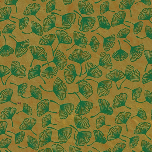 Nepalese Lokta- "Cover Flower" Bright Green Ginkgo on Butterscotch 20x30" Sheet Nepalese Lokta- "Cover Flower" Bright Green Ginkgo on Butterscotch 20x30" Sheet