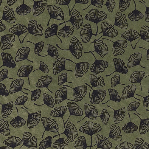 Nepalese Lokta- "Cover Flower" Black Ginkgo on Olive 20x30" Sheet  Nepalese Lokta- "Cover Flower" Black Ginkgo on Olive 20x30" Sheet