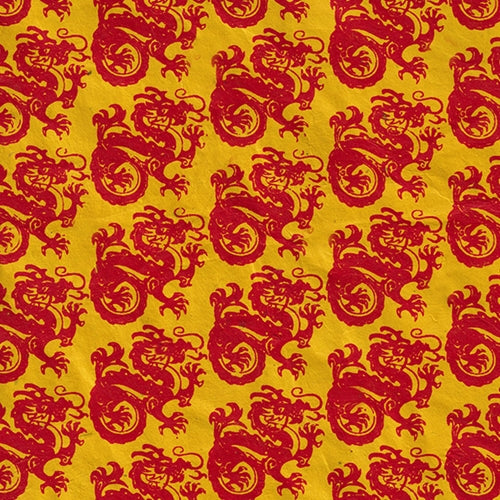 Lokta Printed Paper- Red Nepalese Dragon on Yellow 20x30" Sheet Lokta Printed Paper- Red Nepalese Dragon on Yellow 20x30" Sheet 