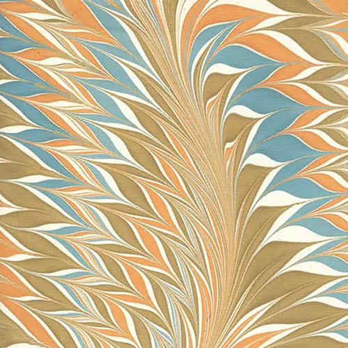 Marbled Paper from India - Flamboyant Turquoise, Ochre, and Coral 22"x30" Sheet  Marbled Paper from India - Flamboyant Turquoise, Ochre, and Coral 22"x30" Sheet
