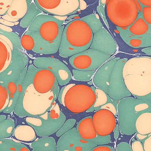 Marbled Paper from India - Molecular Jade, Orange, Buff, and Navy  22"x30" Sheet Marbled Paper from India - Molecular Jade, Orange, Buff, and Navy 22"x30" Sheet