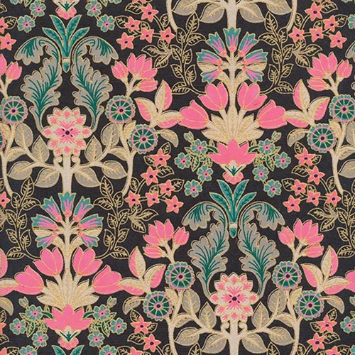 "NEW!" Printed Paper from India- Secret Garden in Pink, Emerald, and Gold on Black 22x30" Sheet  Printed Paper from India- Secret Garden in Pink, Emerald, and Gold on Black 22x30" Sheet 