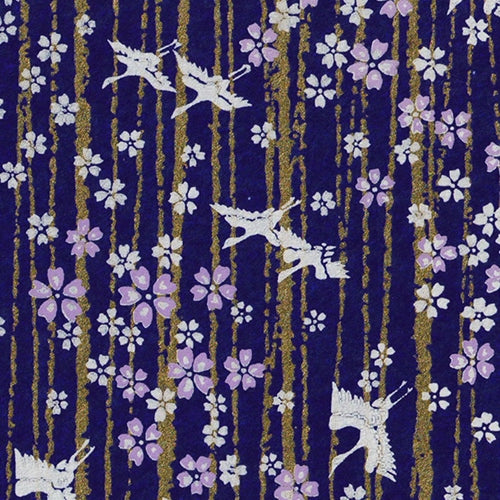 **NEW!** Chiyogami- Yusenshi Cranes & Flowers on Gold and Purple 21x31" Sheet Chiyogami- Yusenshi Cranes & Flowers on Gold and Purple 21x31" Sheet