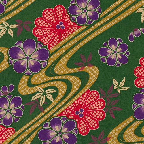 Japanese Yusenshi Purple and Red Flowers on Green Rivers 19x25" Sheet  Japanese Yusenshi Purple and Red Flowers on Green Rivers 19x25" Sheet 