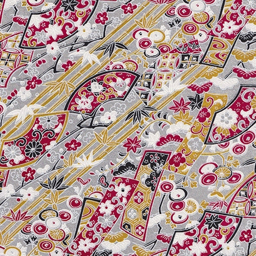 Japanese Yusenshi- Floral Fans, Flowers, and Bamboo on Metallic Silver 19x25" Sheet  Japanese Yusenshi- Floral Fans, Flowers, and Bamboo on Metallic Silver 19x25" Sheet