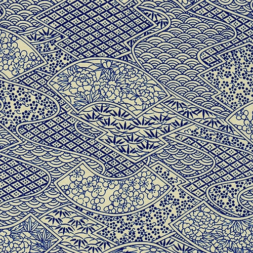 Japanese Yusenshi- Navy Floral Fans on Custard Cream 19x25" Sheet Japanese Yusenshi- Navy Floral Fans on Custard Cream 19x25" Sheet 