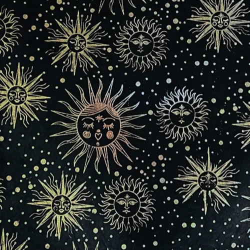 Nepalese Printed Paper- Smiling Suns in Silver & Gold on Black 20x30" Sheet Nepalese Printed Paper- Smiling Suns in Silver & Gold on Black 20x30" Sheet