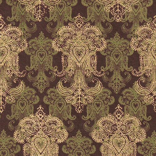 Printed Cotton Paper from India- Gold & Green Filagree on Brown 20x30" Sheet Printed Cotton Paper from India- Gold & Green Filagree on Brown 20x30" Sheet