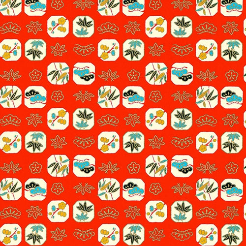 Japanese Chiyogami Paper- Botanical Windows on Red 18"x24" Sheet Japanese Chiyogami Paper- Botanical Windows on Red 18"x24" Sheet