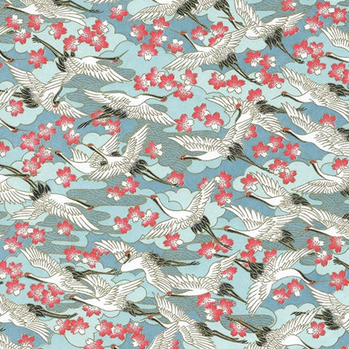 Japanese Chiyogami Paper- Cranes and Cherry Blossoms on Blue 18"x24" Sheet Japanese Chiyogami Paper- Cranes and Cherry Blossoms on Blue 18"x24" Sheet 