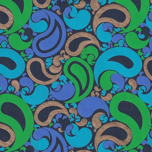 Printed Cotton Paper from India- Mod Paisley in Blue, Green, Purple, and Gold on Black 22x30 Sheet Printed Cotton Paper from India- Mod Paisley in Blue, Green, Purple, and Gold on Black 22x30 Sheet