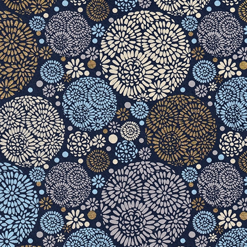 Printed Cotton Paper from India- Flower Balls in Cream, Gray, Blue & Gold on Navy 22x30 Sheet  Printed Cotton Paper from India- Flower Balls in Cream, Gray, Blue & Gold on Navy 22x30 Sheet