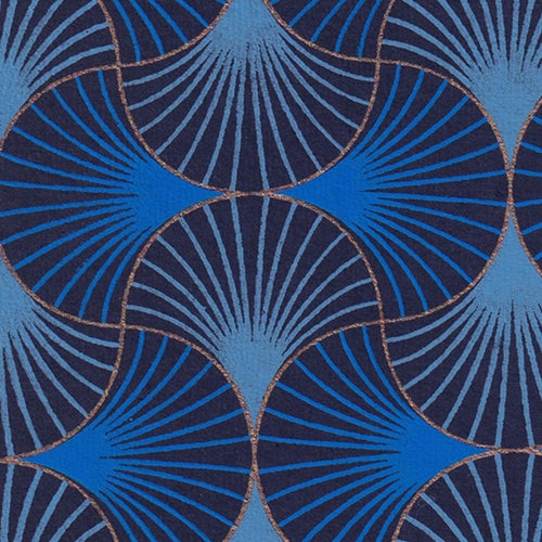 Printed Cotton Paper from India- Art Deco Interlocked Shells in Blue & Gold on Navy Blue Paper 22x30 Inch Sheet Printed Cotton Paper from India- Art Deco Interlocked Shells in Blue & Gold on Navy Blue Paper 