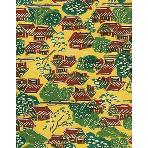 Katazome-Shi Paper- Brown Village Scene with Green Trees on Yellow 18x24" sheet Katazome-Shi Paper- Brown Village Scene with Green Trees on Yellow 18x24" sheet